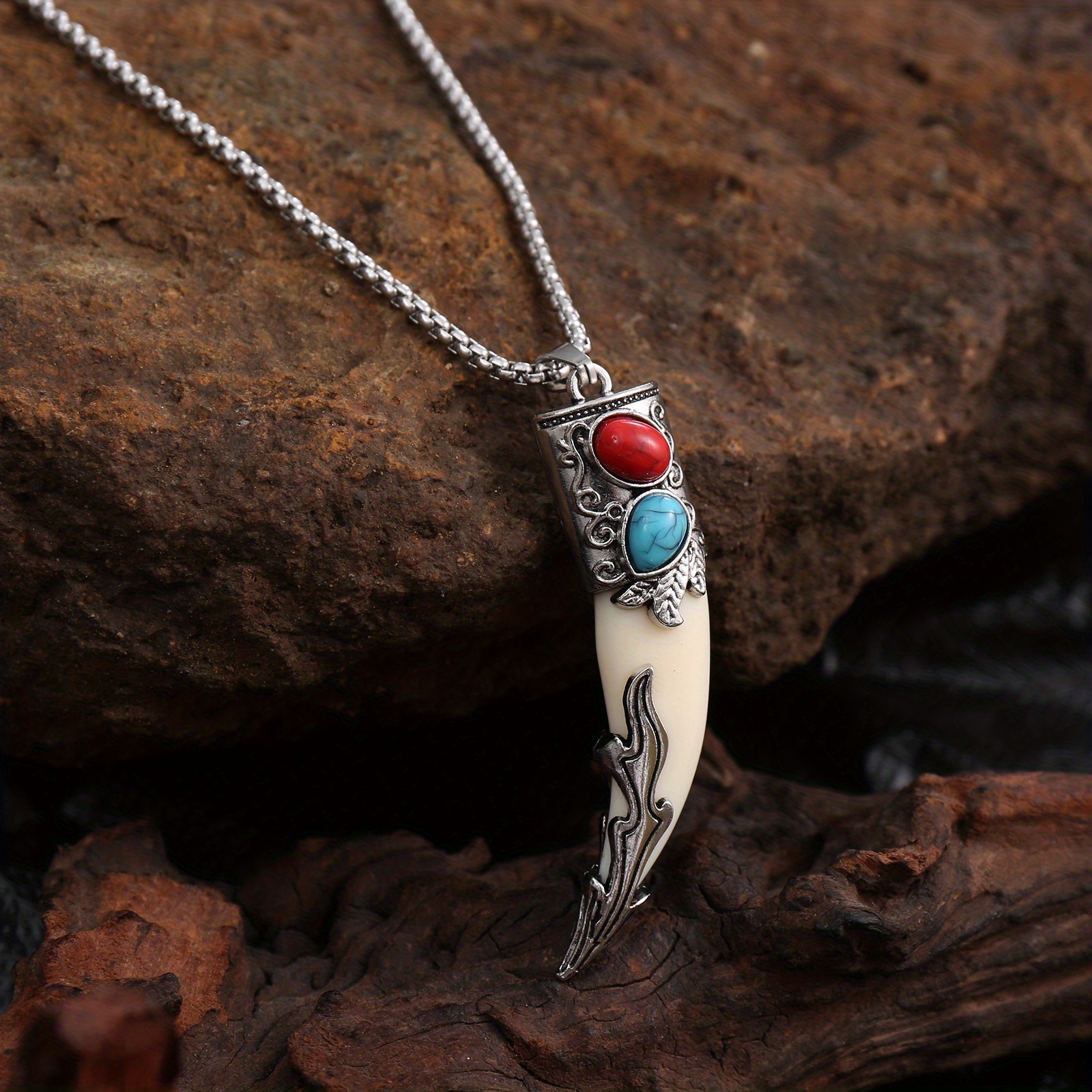 Image of Men' Steel Chain With Wolf Tooth Pendant | Perfect Birthday/christmas Gift, Vintage Style, Resin Mosaic, Alloy Pendant