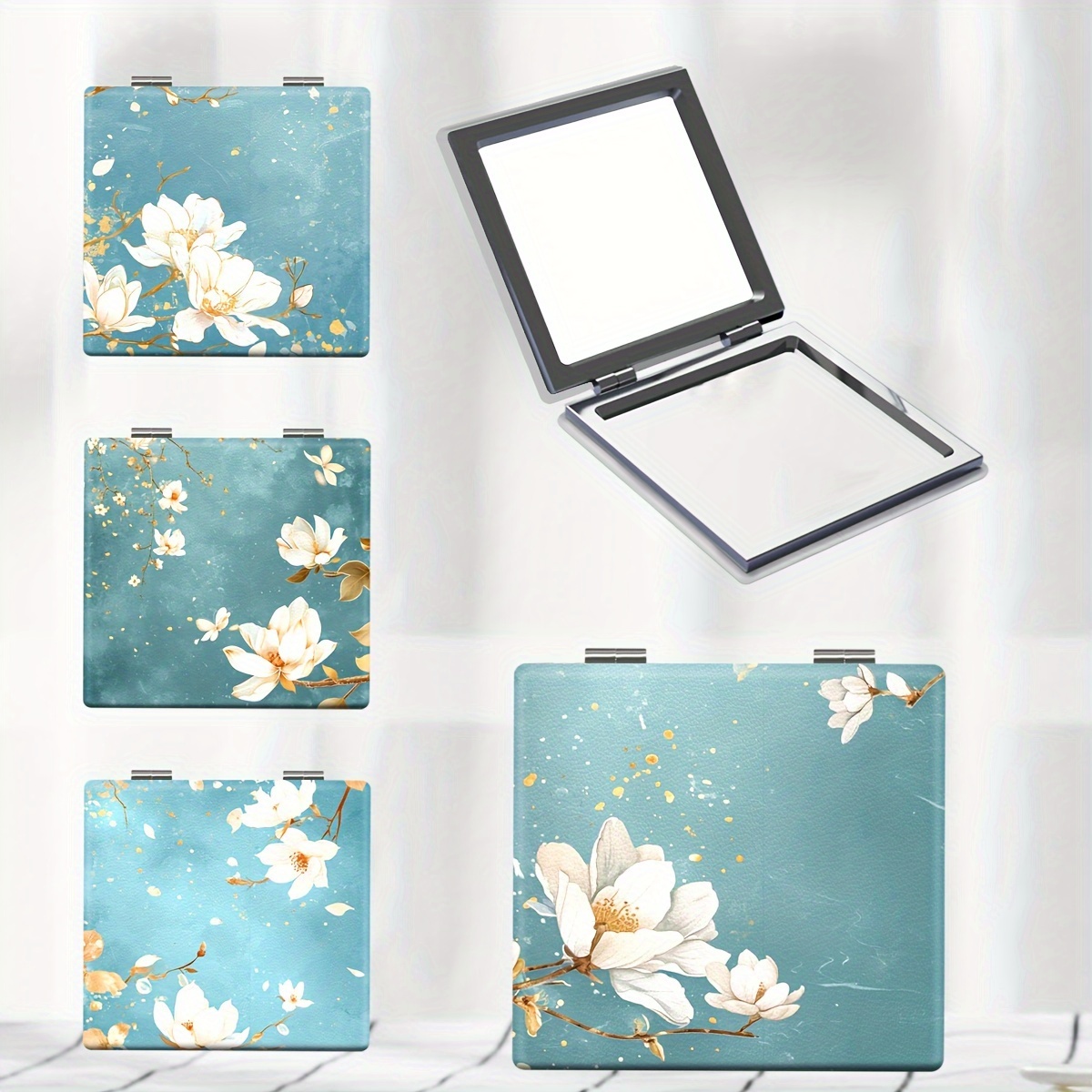 

Ancient Chinese Style Floral Print Makeup Mirror Double Side Folding Small Square Mirror Travel Portable Cosmetic Touch-up Mirror Gift For Students Women Friends Sisters