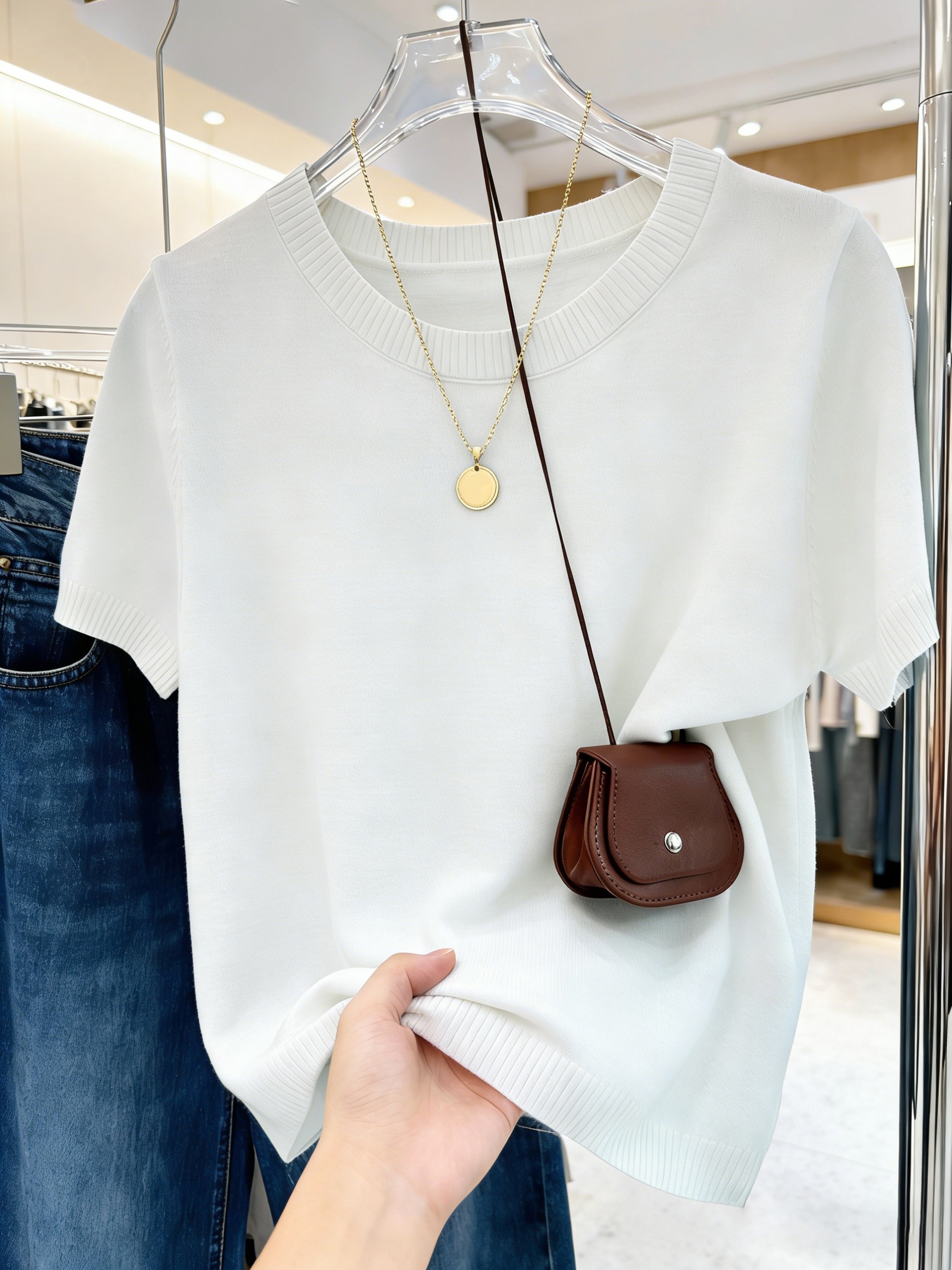 short sleeved shirt korean gentle style easy   top high elastic fabric   friendly breathable and not stuffy classic round neck design modifies neck lines     look smaller