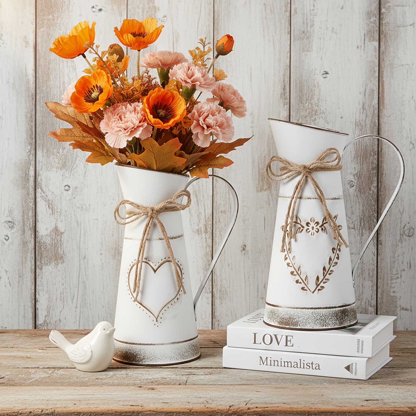 rustic farmhouse metal pitcher vase heart pattern primitive - Temu