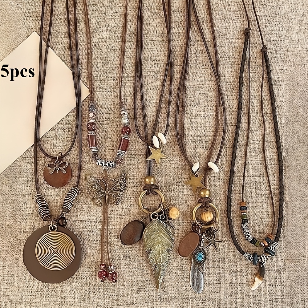 TEMU Conjunto de 5 collares, collar vintage estilo bohemio, cadena larga de suéter de capa, collar de Y, moderno y elegante, colgante de , hoja y
