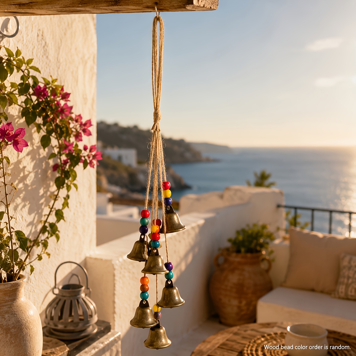 TEMU Vintage Color Wind Chime, Featuring 6 Colorful Wooden Beads And Bohemian-style Yellow Hemp Rope. Suitable For Indoor And Outdoor Hanging Decor.