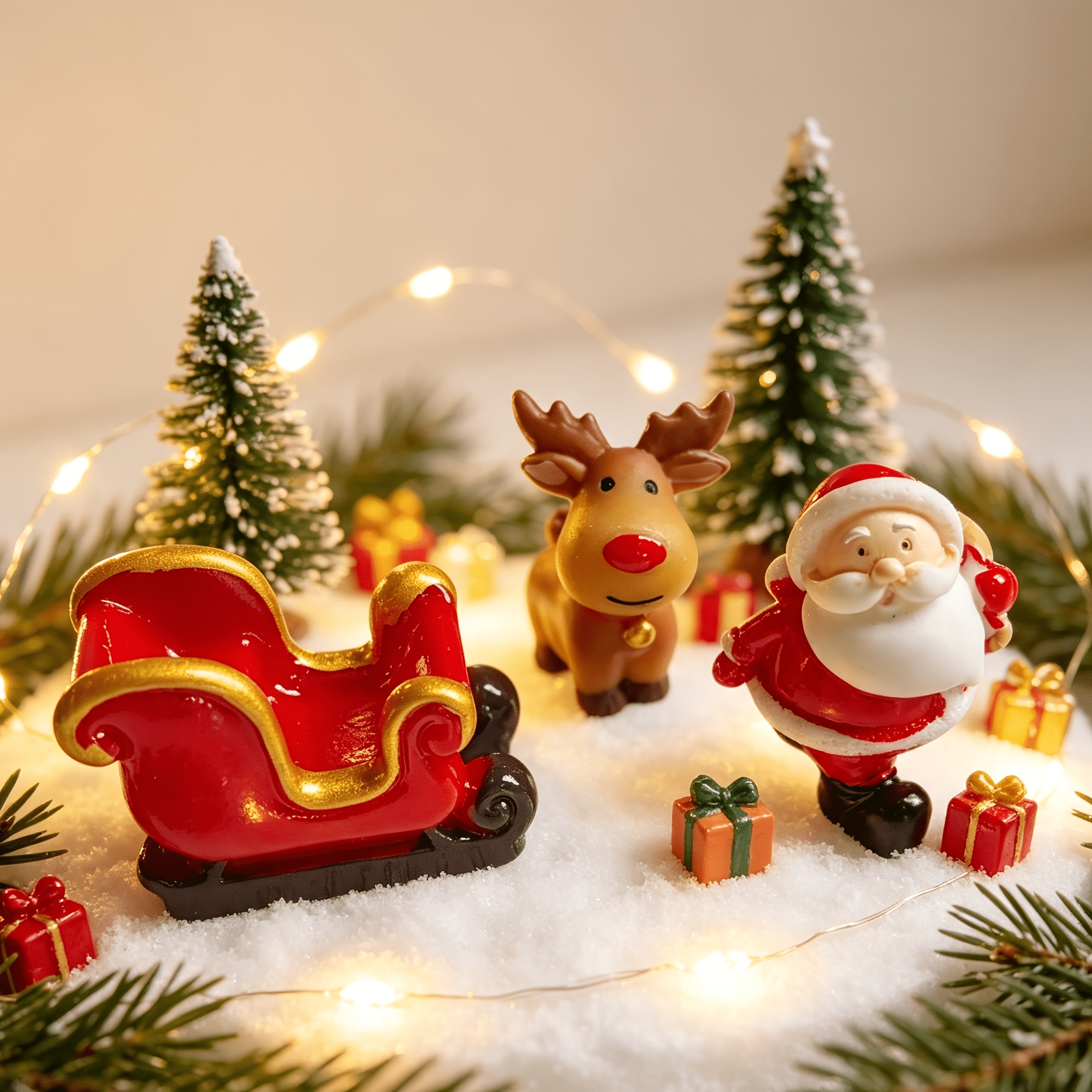 TEMU Ensemble de 3 pièces de Noël, figurine ornementale Père Noël, et traîneau, pour décoration de de neige, décoration de plante en pot, présentoir