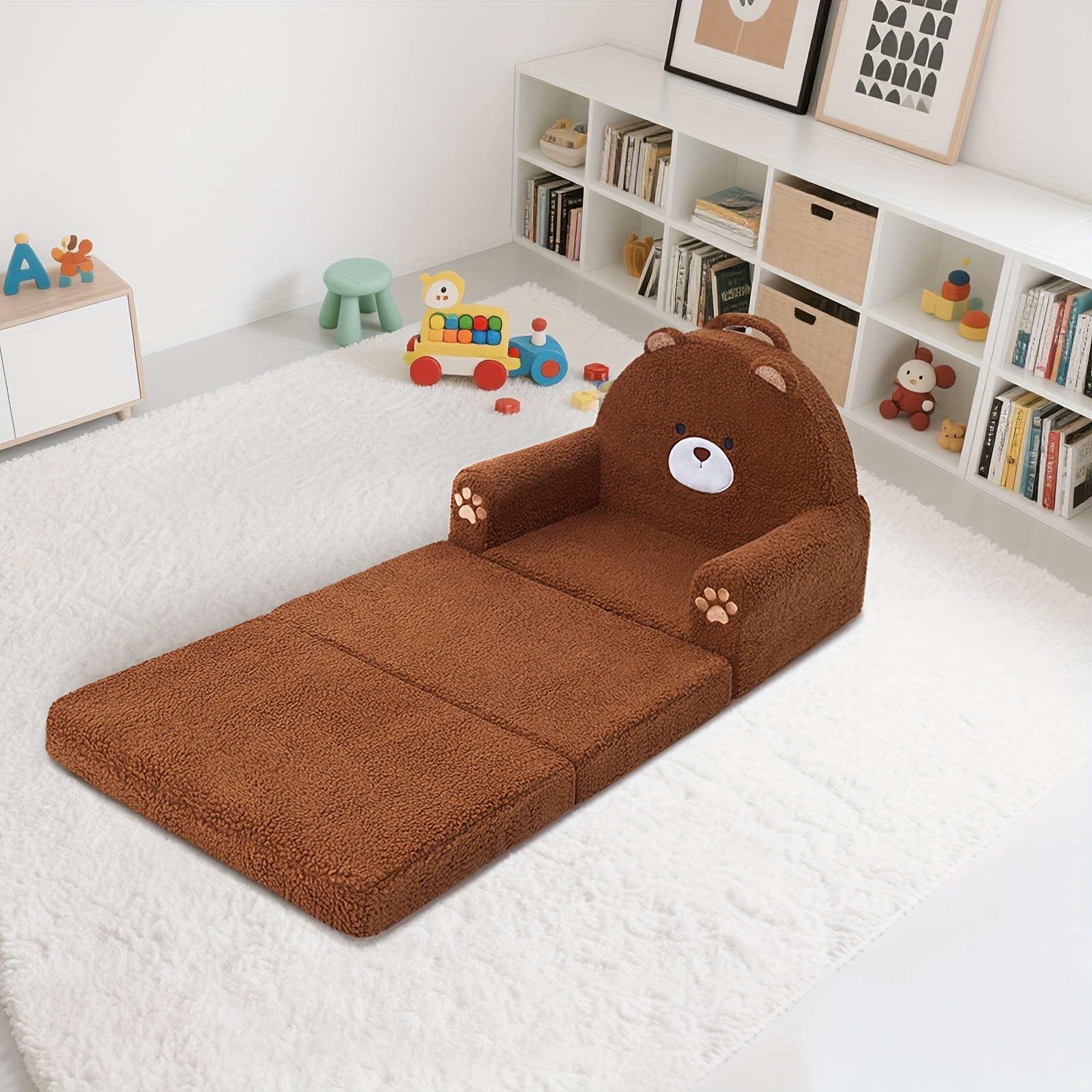 Kids Sofa 2-in-1 Convertible Kids Couch Fold Out Lounger Soft Sherpa Kids Chair High-Density Foam Sofa Cute Brown Bear Playroom Nursery Furniture for Boys Girls Room Decor