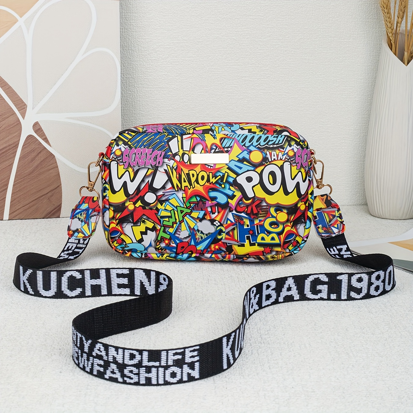 Image of Women's Shoulder Bag - Graffiti Crossbody Bag, Street Style Coin Camera Bag With Irregular Cut Graffiti Design