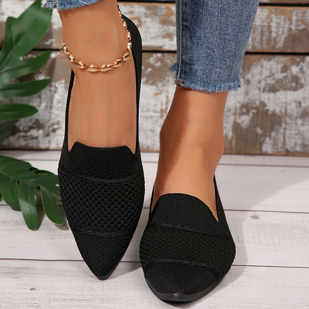 Elegant Ballet Flat Shoes For Women, Slip-On Breathable Soft Sole Daily Knitted Ballets, Point Toe Daily Wear