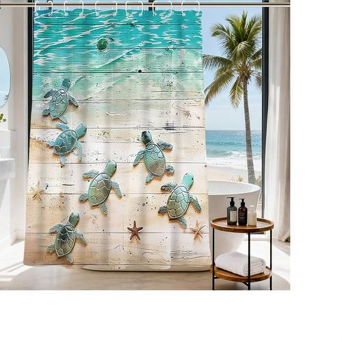 صورة العنصر ستارة حمام بتصميم سلحفاة بحرية تيل - الصورة تظهر 6 سلحفاة تيل و 3 نجم البحر متناثرة حولها، متوافقة مع خلفية متدرجة من مياه البحر التيل وخشب بيج فاتح، مما يخلق أجواء منعشة على