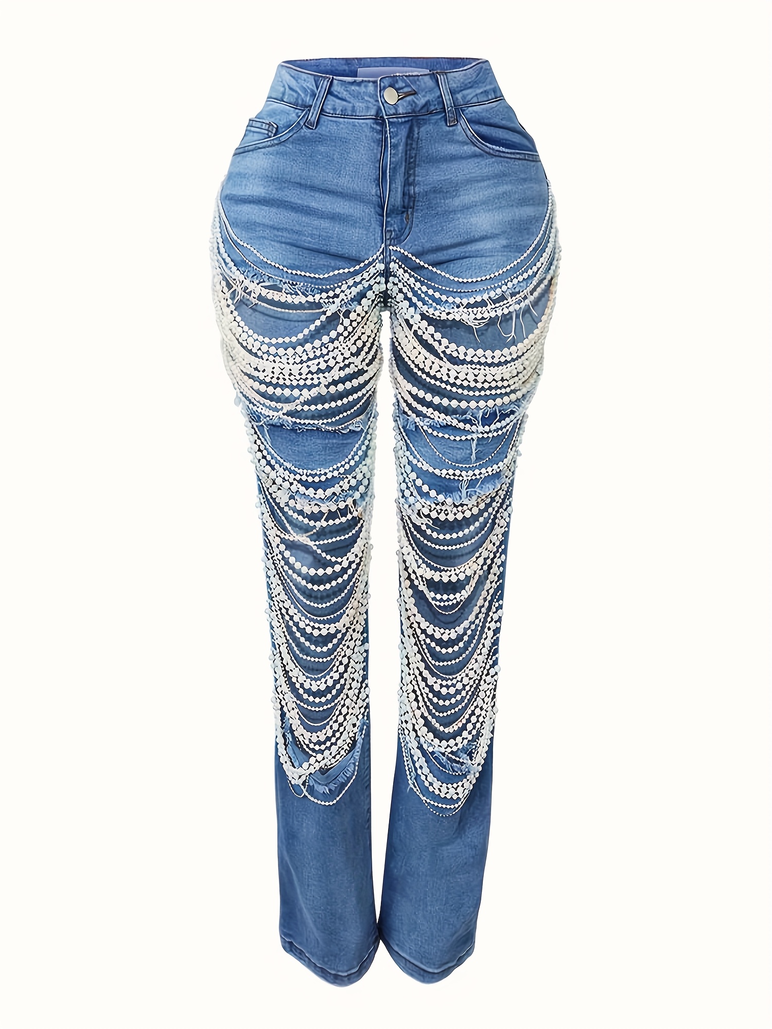 Women's Stylish Straight-Leg Denim Jeans with Large Ripped Details Pearl  Chain Embellishments *-Waist Fit for Casual and Streetwe