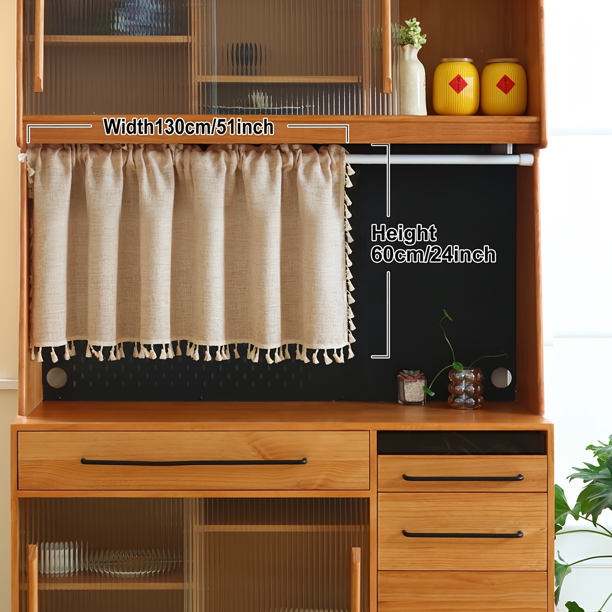 TEMU 1pc, Beige Short Curtain, Rod-through Solid Tassel Short Curtain, Suitable For Bedroom Bay Window Balcony Cabinet And Door Decoration, Rope Not