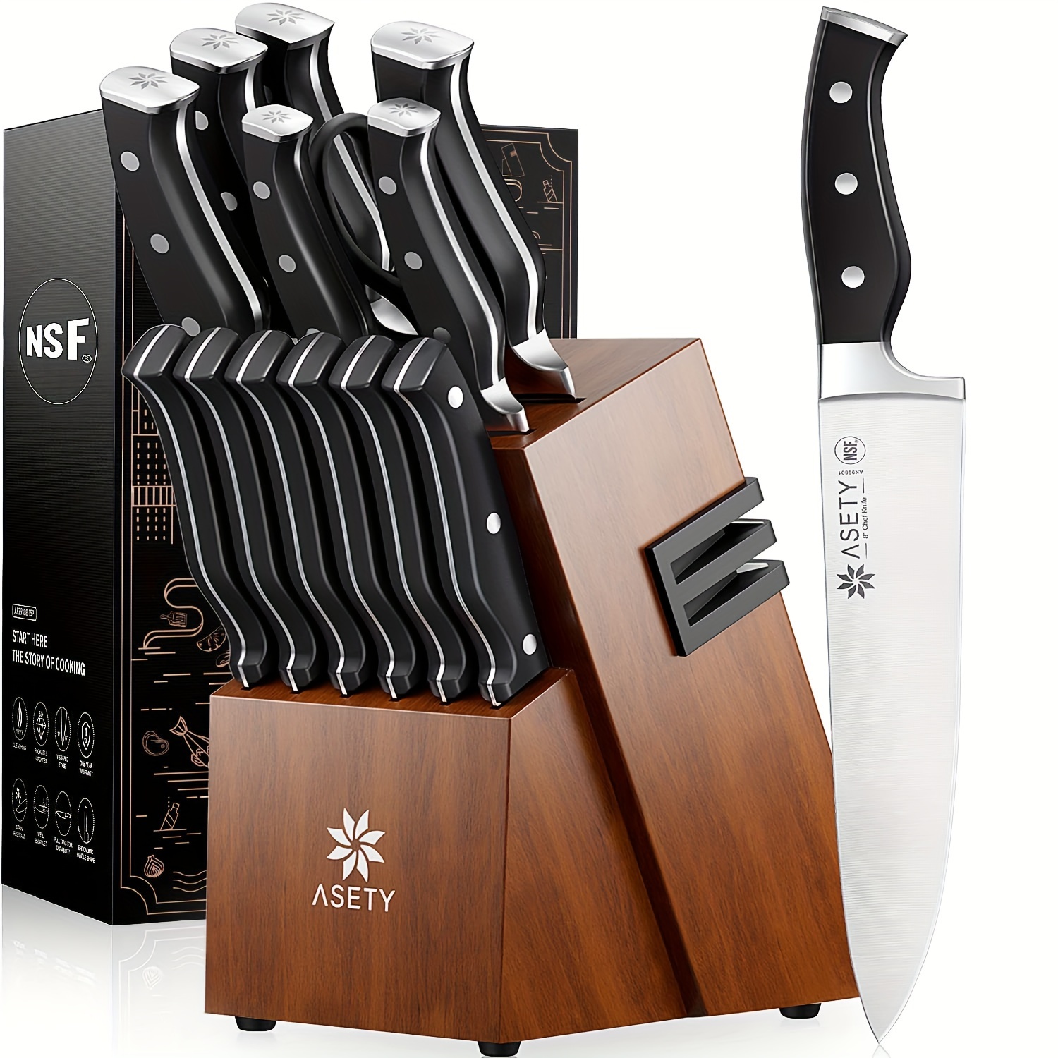 TEMU Asety Knife Set, 15pcs Kitchen Knife Set With Built-in Knife Sharpener Block, Germanstainless Steel Knife Block Set, Full Tang Chef Knife Set,