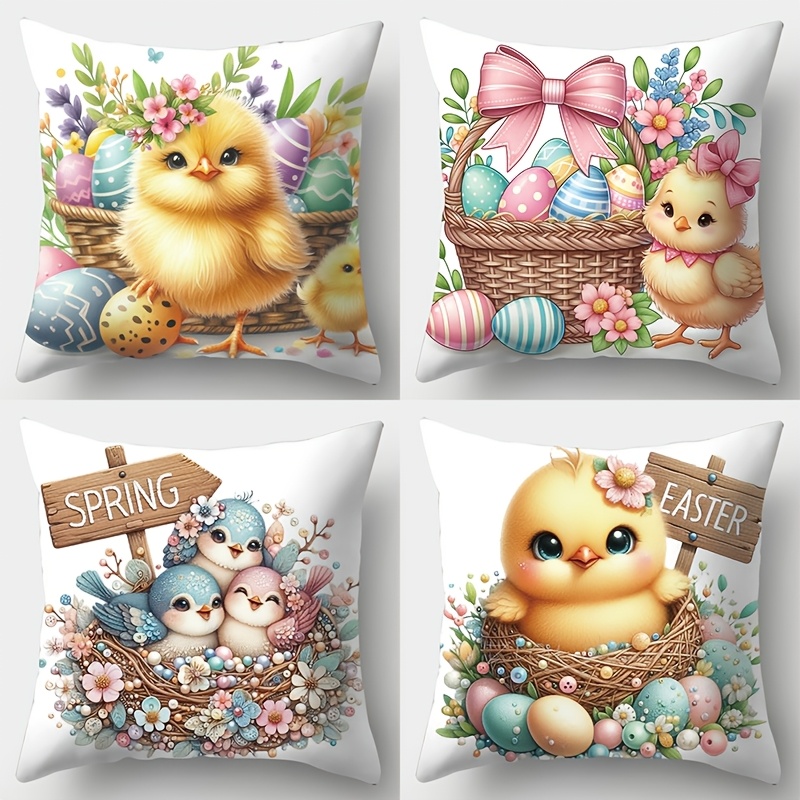 

4pcs Easter Themed Pillow Covers, Contemporary Style, 17.7x17.7 Inch, Zippered Polyester Cushion Cases With Egg, Chicken, And Spring For Living Room Sofa Decor, Machine Washable