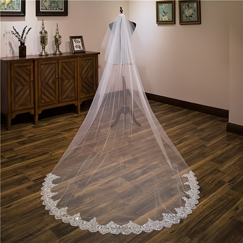 TEMU Longue Élégante pour Mariée, d'Accèsoire de Mariage Style Vintage Bordure Dentelle, de Chapeau de Mariée Facile et Tendance pour Photos de