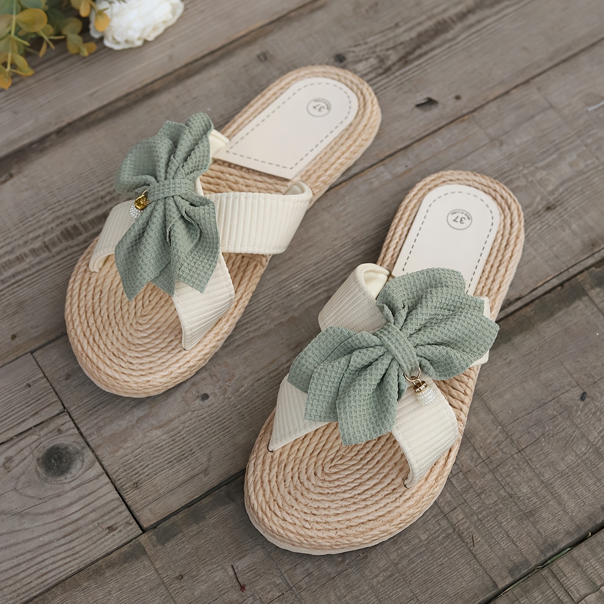 breathable linen slides open toe lightweight   stylish slip on shoes for indoor outdoor relaxation vintage round toe flat sandals with decorative bow indoor outdoor shoes vintage style sandals eva sole sandals details 5
