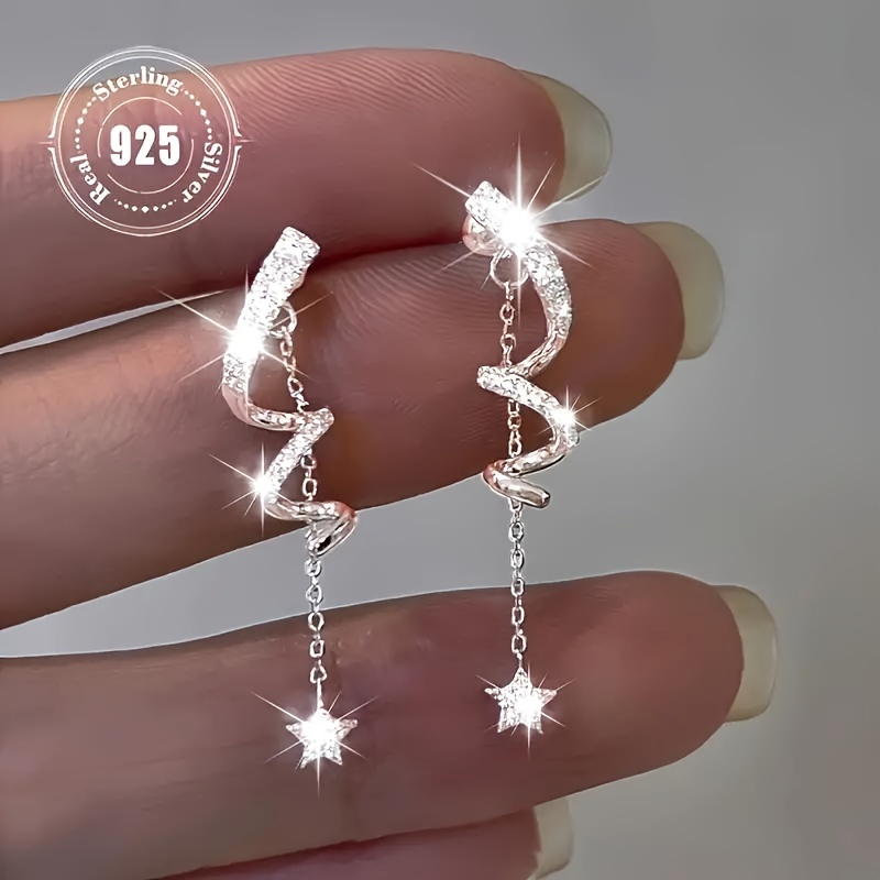 TEMU 1 Pair Of Zirconia Geometric Spiral Twisted Star Tassel Pendant Earrings, Women's Multifunctional Fashionable Pendant Earrings, Suitable For