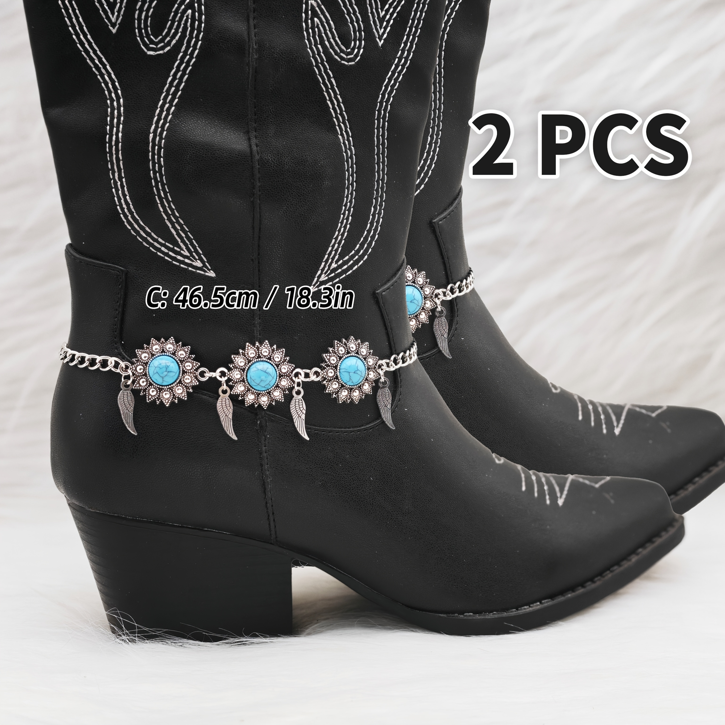 TEMU Set Of 2 Western-style Boot Chains Featuring Turquoise-like Beads And Metal Links â Cowboy Footwear Embellishments In Feather Or Traditional