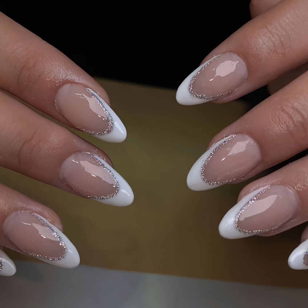 TEMU 24pcs Long Almond White-tip Golden Glitter Nude Pink Glossy Fake Nails To Refresh . Acrylic Press-on Nails Perfectly Fit False Nails,