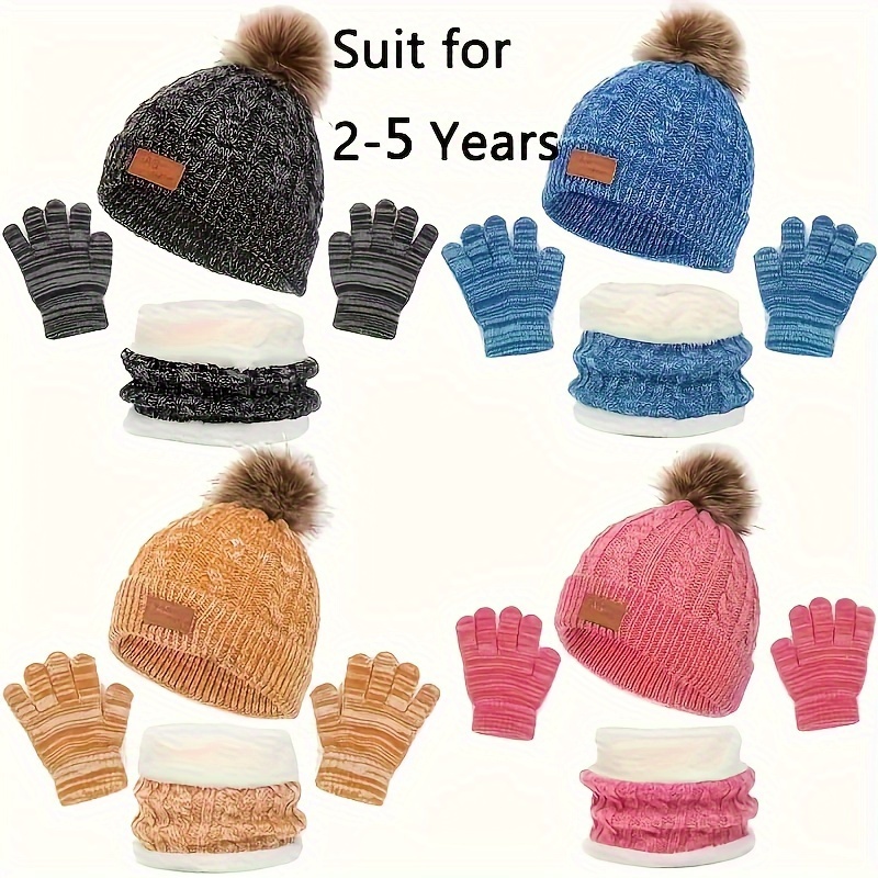 

' 3pcs Set: Knit Beanie Pom , & Gloves, Boys &