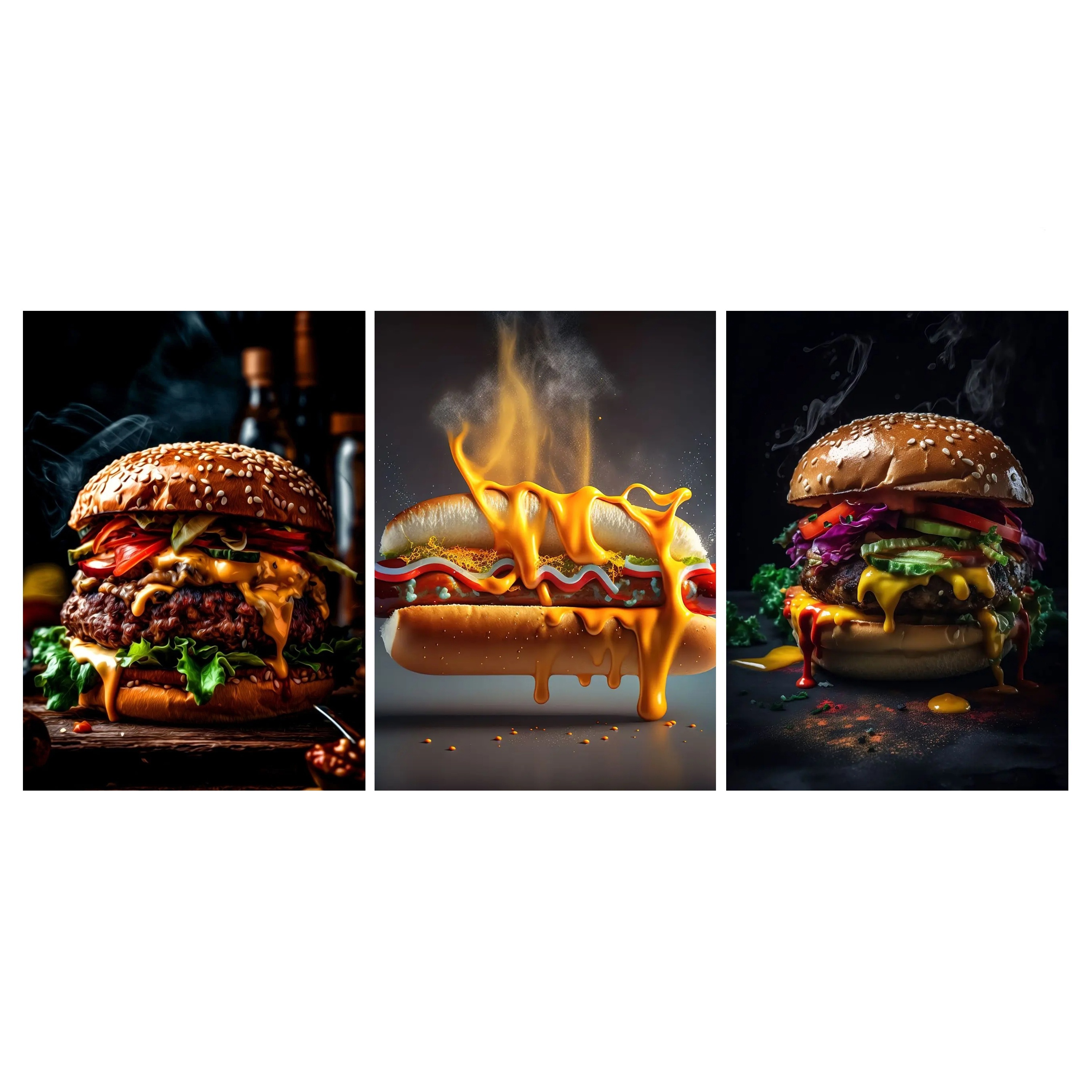 Image of 3pcs Delicious Food Canvas Poster Set - Hotdog & Hamburger Wall Art For Living Room, Bedroom, Office, Cafe, Bar, And Dorm Decor - Unframed, Waterproof, Frameless Canvas Prints