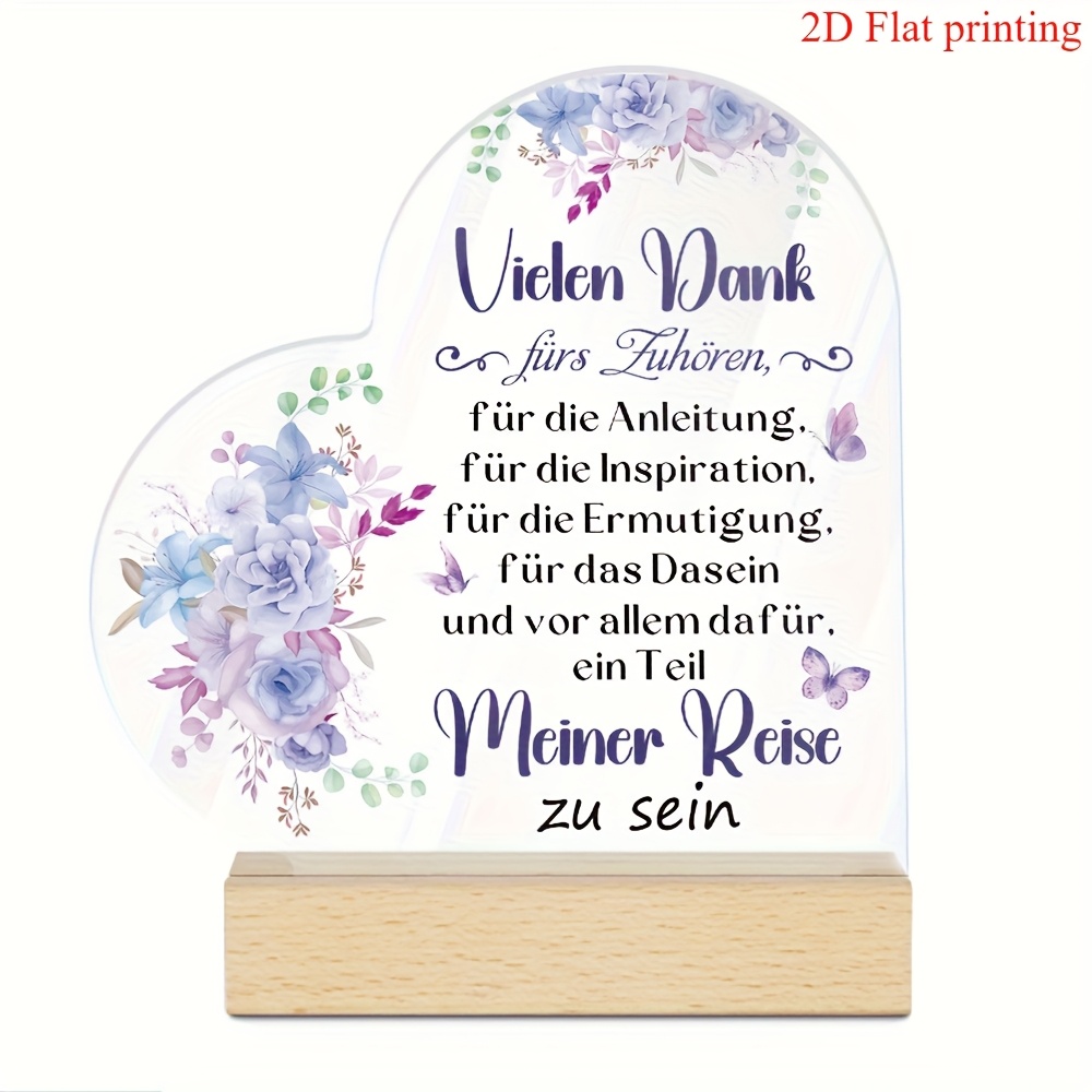 TEMU 2D Flachdruck, herzförmige Acryl-Tischdekoration mit floralem Design und zweisprachigen inspirierenden Zitaten - Dankeschön-Geschenk für Mutter,