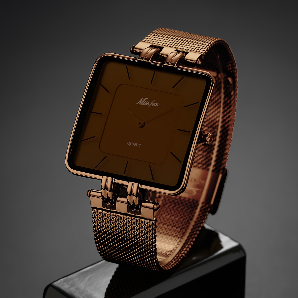 Image of Missfox Fashion Trend Men's Minimalist Square Stainless Steel Mesh Strap Golden-tone Men's Watch