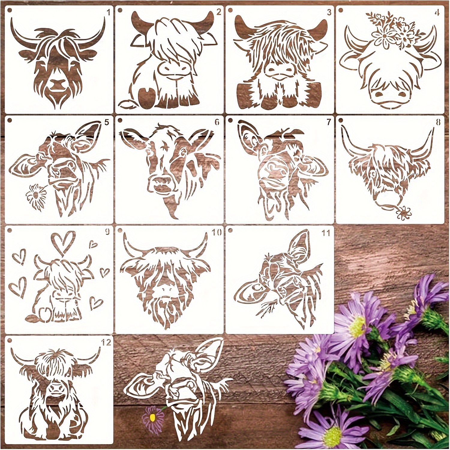 

12pcs Farm Animal Cow Print Stencils For Crafts Template Plastic Reusable Stencils For Painting On Wall Tile Shirt Canvas Burning Home