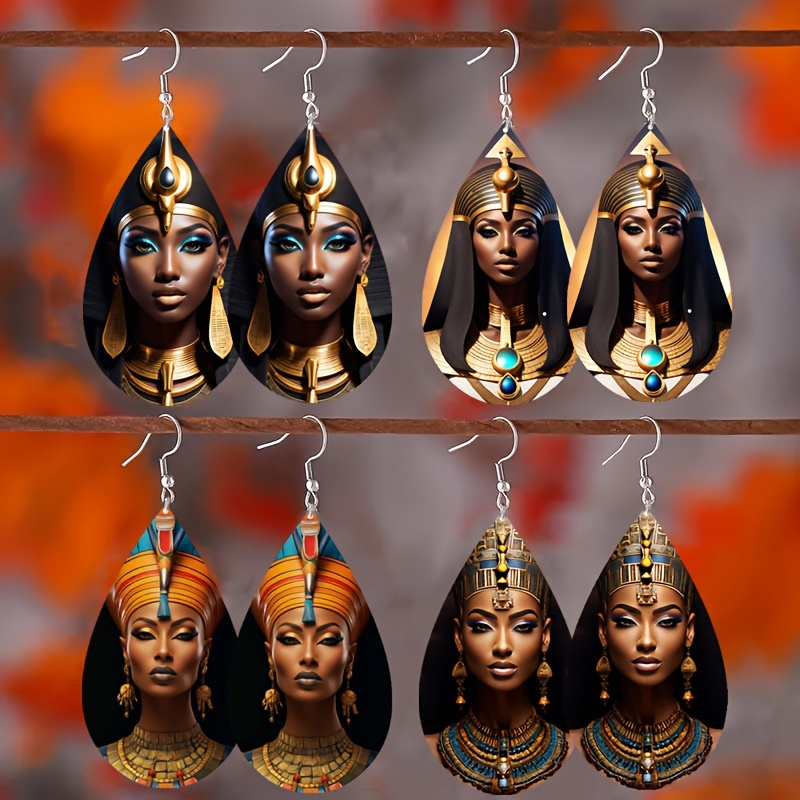 

4 Pairs New Retro Colored Printed Earrings With Egyptian Pharaoh Style Painted Patterns Wooden Pendant Earrings