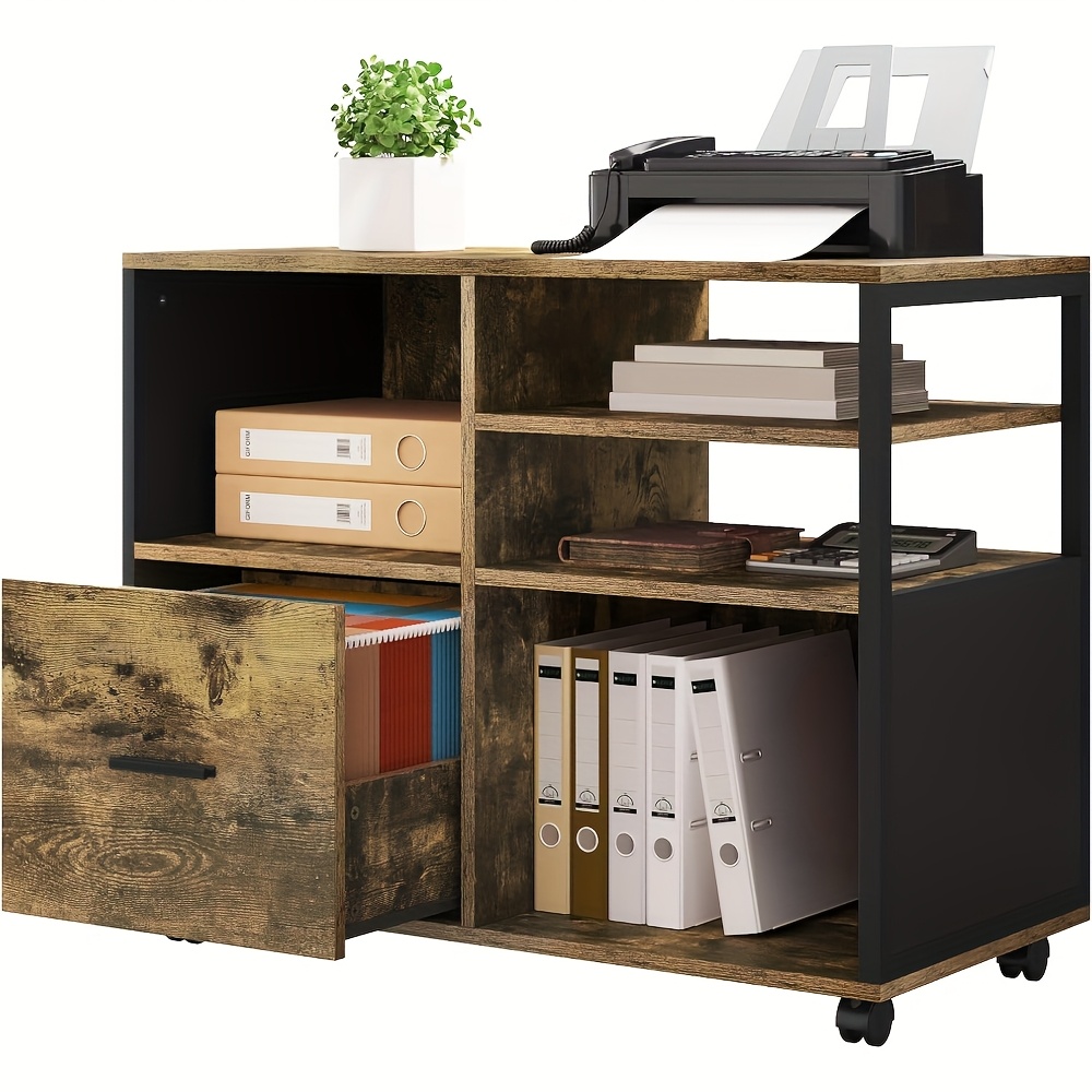 1pc Filing Cabinet With Drawers, Office Filing Cabinet, Office Cabinet, Printer Table With Wheels, Office Container, With Open Compartments For Storing Files