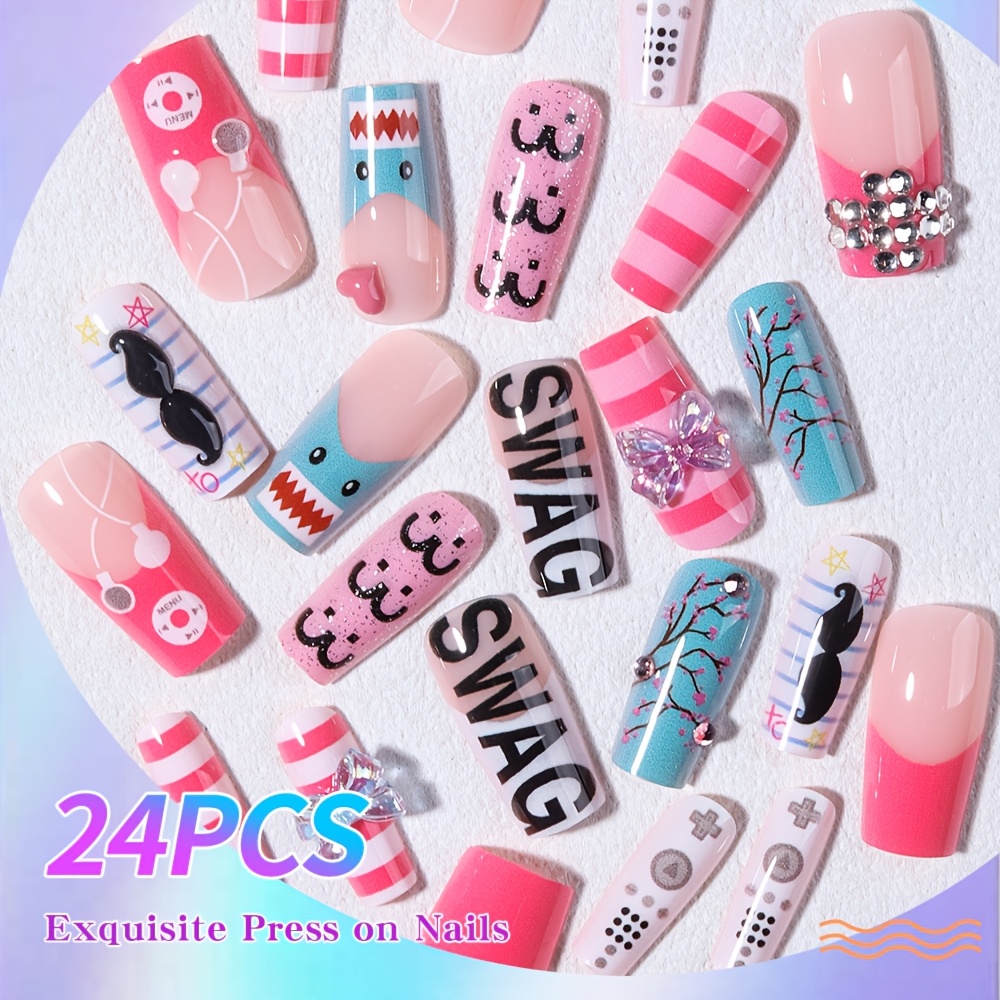 TEMU 24pcs Y2k Medium-length Square Press-on Fake Nails, 3d Holographic Large Bow Rhinestone Decorated Square Tips, Reusable Fake Nails, Easy-to-wear
