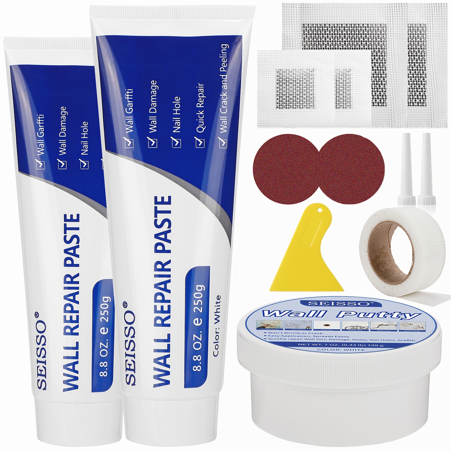 Image of Drywall Repair Kit, White- Wall Mending Agent * 2, Wall Repair Paste Plaster, 1 Putty, Repair Tape And Wall Repair Patch With 2inch 4inch, Quick Fill Crack And Nail Hole, 14pcs- Set
