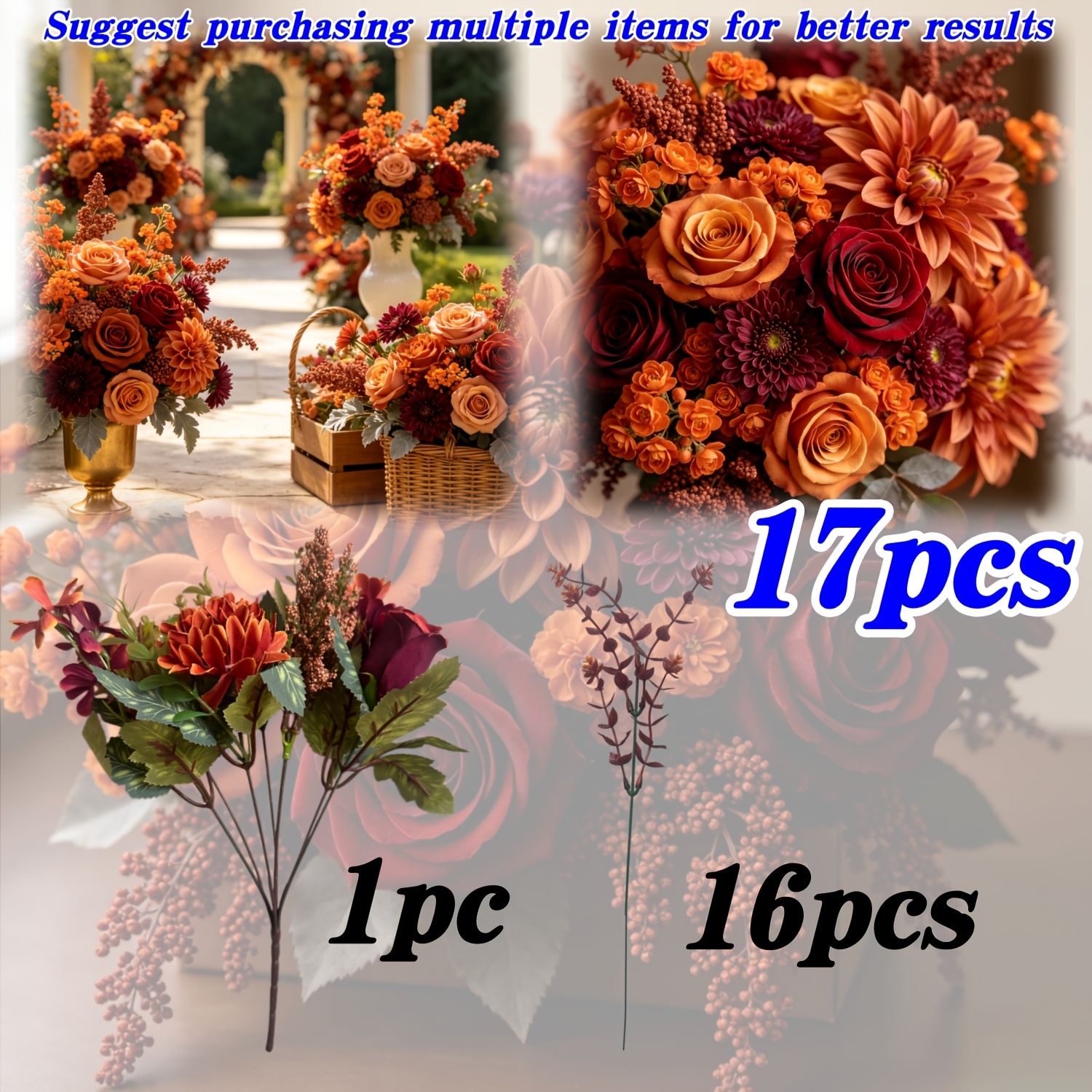 TEMU 17pcs Set Of Autumn Artificial Flowers, Roses, Full-bloom Flowers With Brown Berry Bunches, Brown Flower Bud Branches, Hand-twisted Stems, For