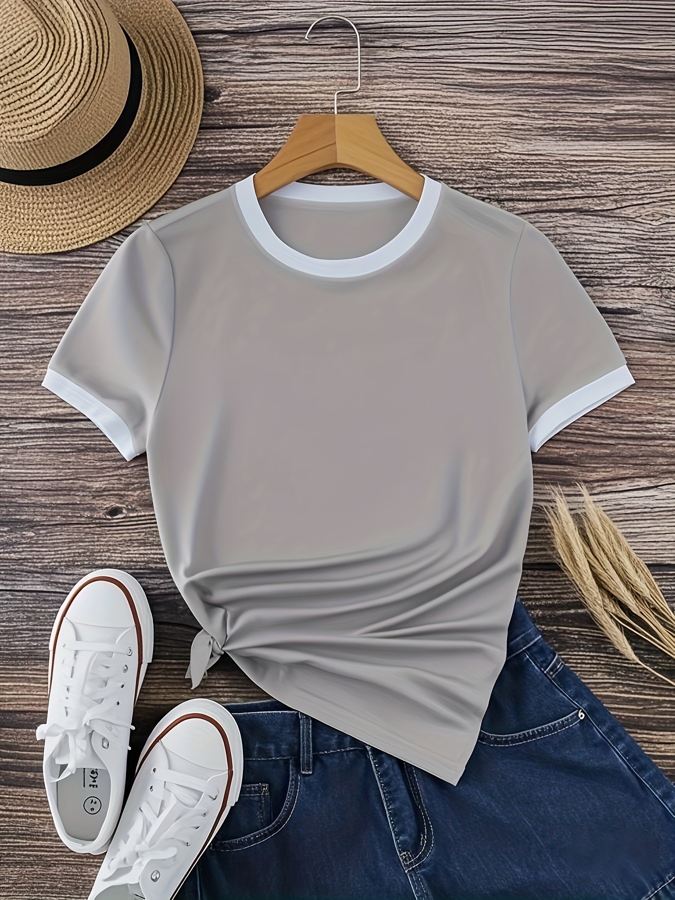 Contrast Trim Short Sleeve T-shirt, Casual Crew Neck Top For Spring & Summer, Women's Clothing