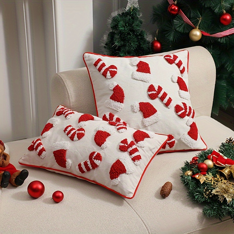 

Christmas Cushion Cover - & Santa Hat Design, Red Polyester Throw Pillow Case For Sofa And Bedroom Decor, Machine Washable, Zip Closure - 18x18 Or 12x20 Inches