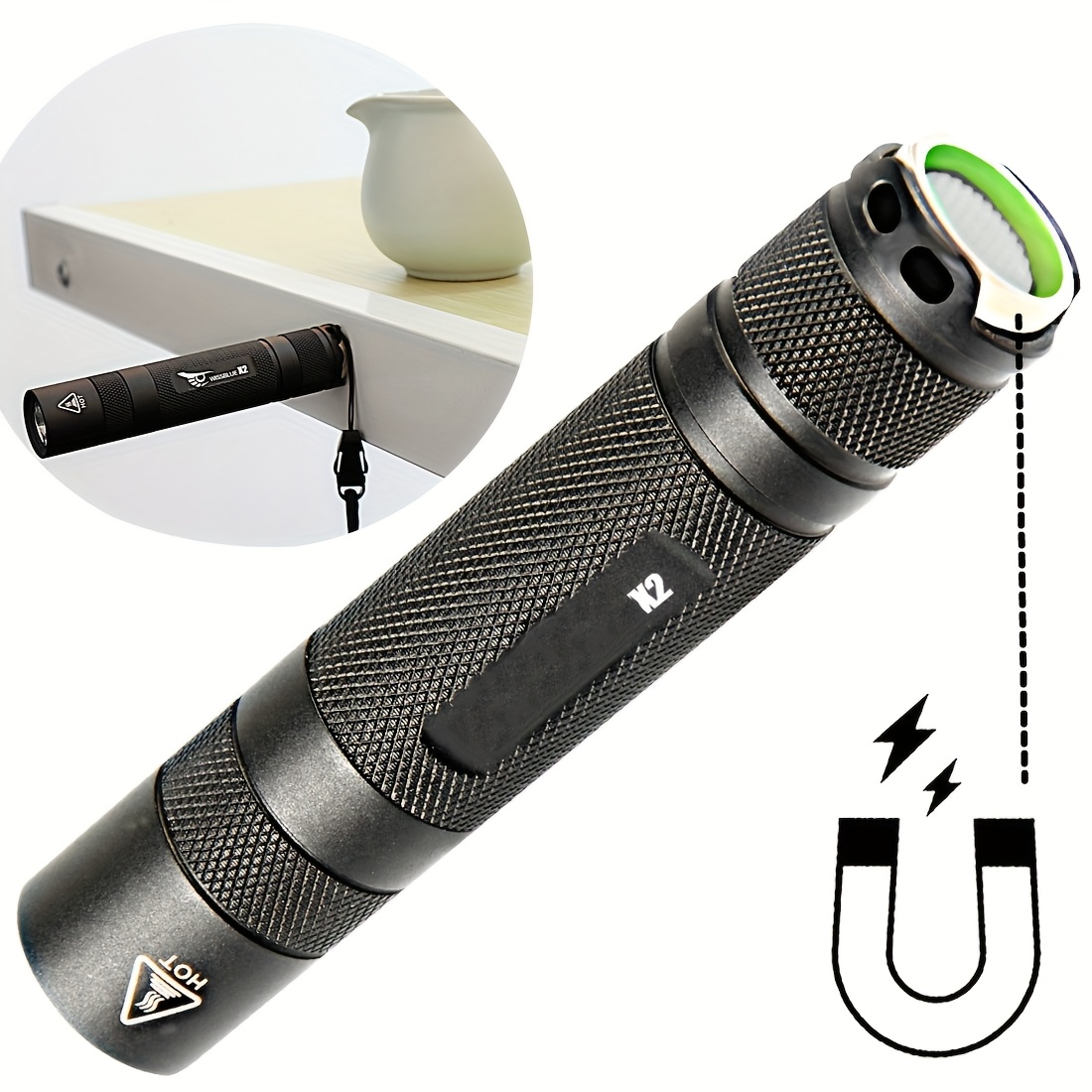 TEMU 1600lm Tactical Flashlight, Strong Magnetic Base Cob Flashlight, Large Capacity Rechargeable Battery And Fast Charger Set, Suitable For Outdoor, Camping, Gift , Etc