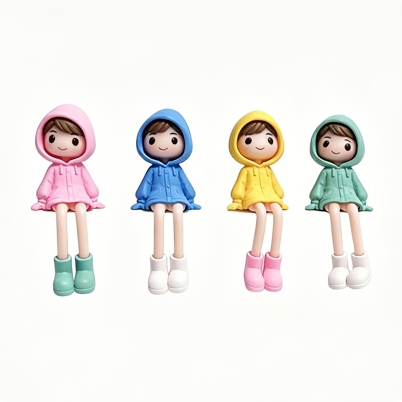 TEMU 4pcs Dopamine Color Hooded Raincoat Statues, Pvc Material, Suitable For Office Desk, Bookshelf, Car Decoration, Miniature Scenery, Matching For