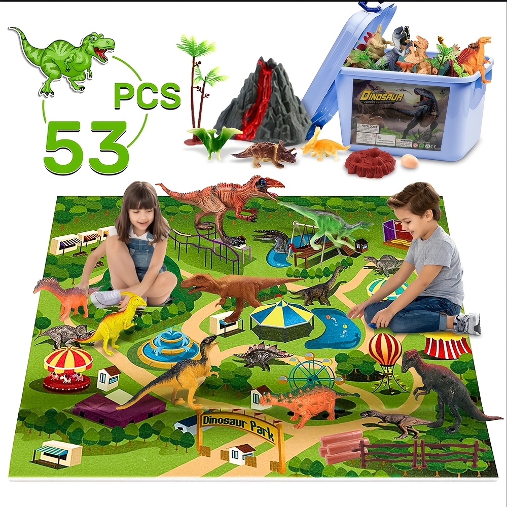 

Dinosaur Toys For Kids, 53pcs Dinosaur Play Set With Activity Play Mat, Dinosaur Figures, Trees, Rocks, Container To Create A Great Gift For Boys Girls 3 4