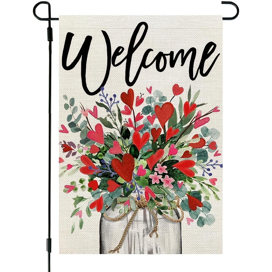 

1 Crown Beauty Valentine's Day Floral Mason Flag - "welcome" Design With Flowers & Rustic Rope Holder, Polyester, Ideal For Outdoor Home & Yard Decor, 12x18 Inches, Garden Decorations