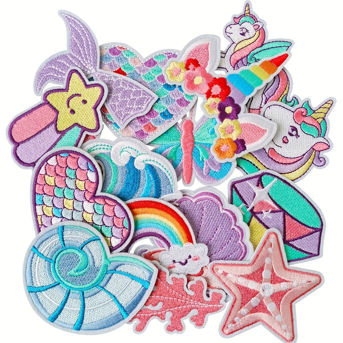 

16pcs Unicorn Iron On Patches, Cute Heart Diamond Sew On Embroidered Applique Repair Embroidery Patch Diy Craft Accessories For Girls Clothing Backpack Hat