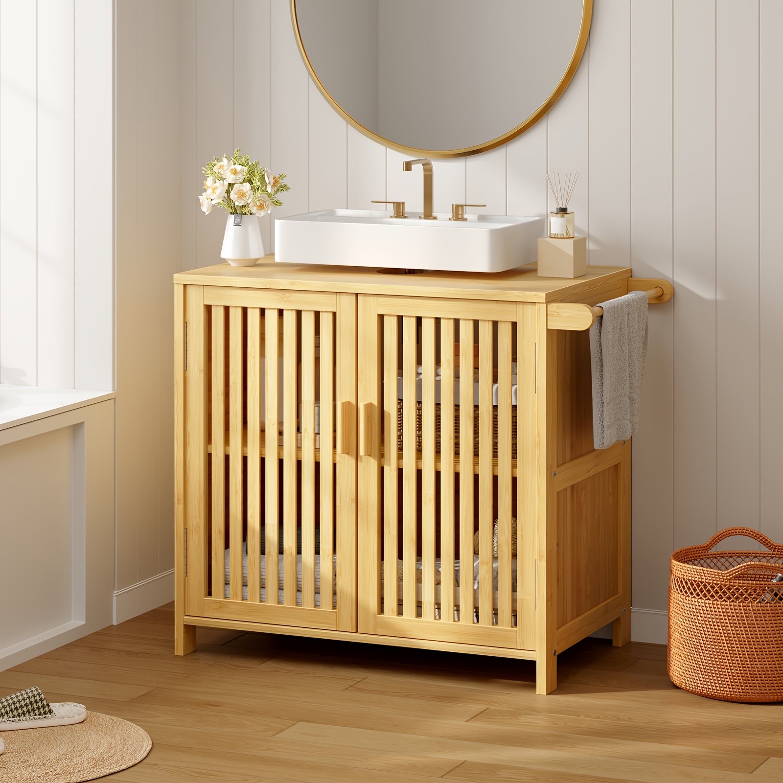 Bamboo Medicine Cabinet, Double Slatted Door Freestanding Bathroom Storage Cabinet, Multipurpose Under Sink Organizer Cabinet With Side Handle