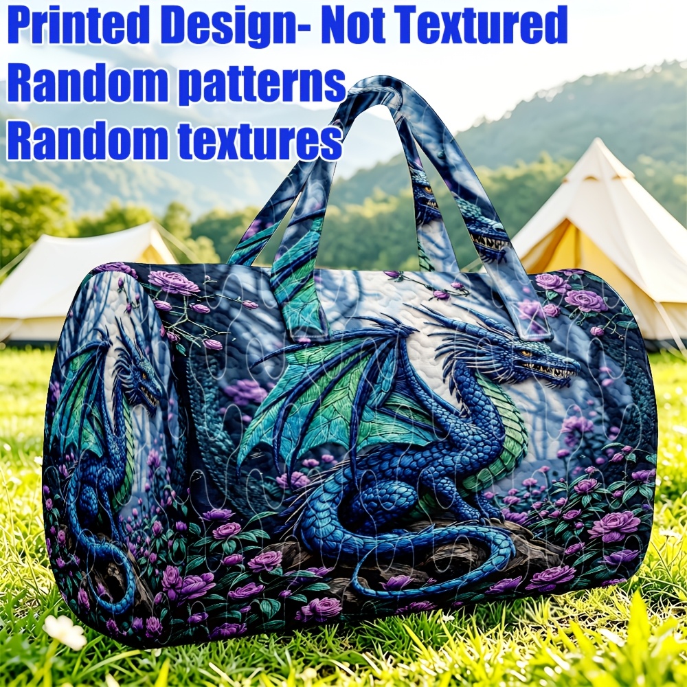 TEMU 1pc Blue Dragon And Purple Flower Printed Quilted Women's Tote Bag, Nature Style Large Capacity Travel Bag, Ideal For , Christmas And Halloween