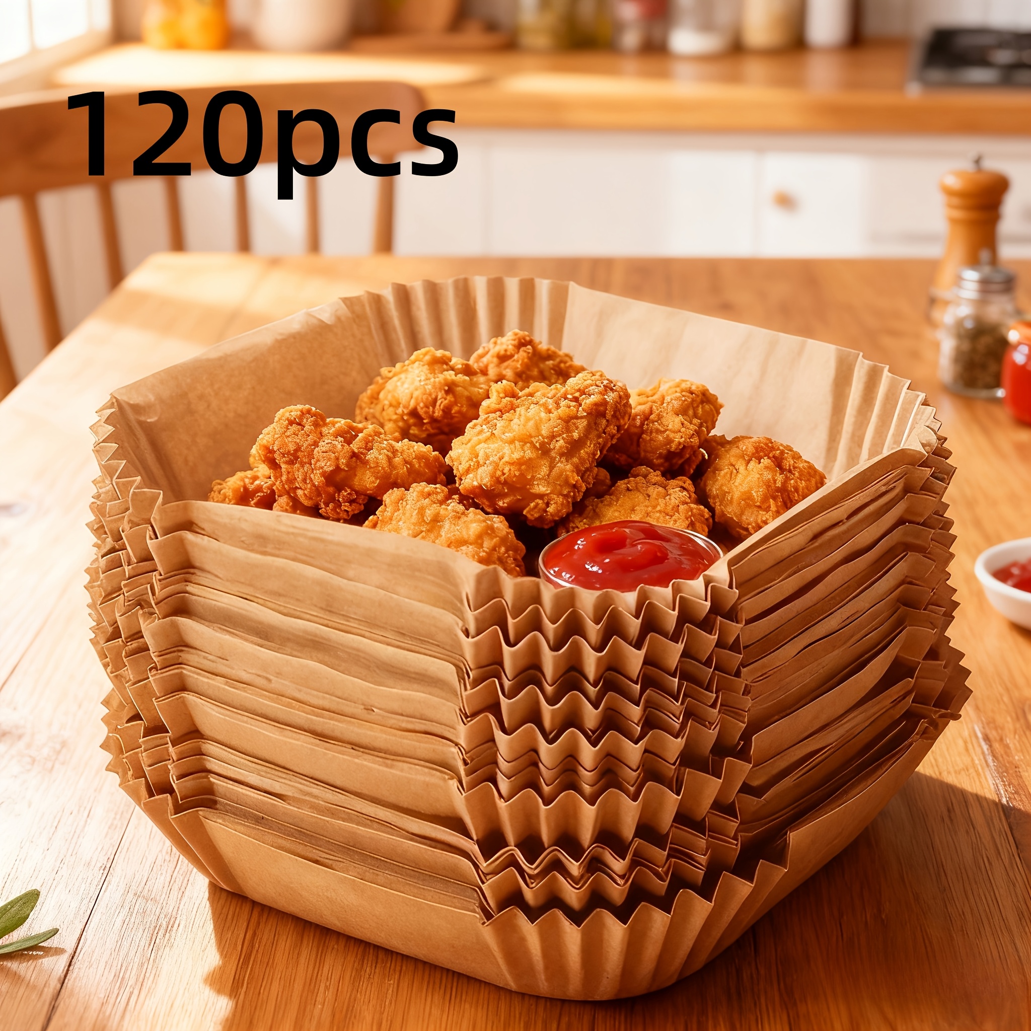 E-shop 120 Stück -Haft-Luftfritteusen-Einlagen – Premium Einzelschicht-Papier mit geriffelten Kanten für sicheres Kochen, einfache Reinigung gesundes
