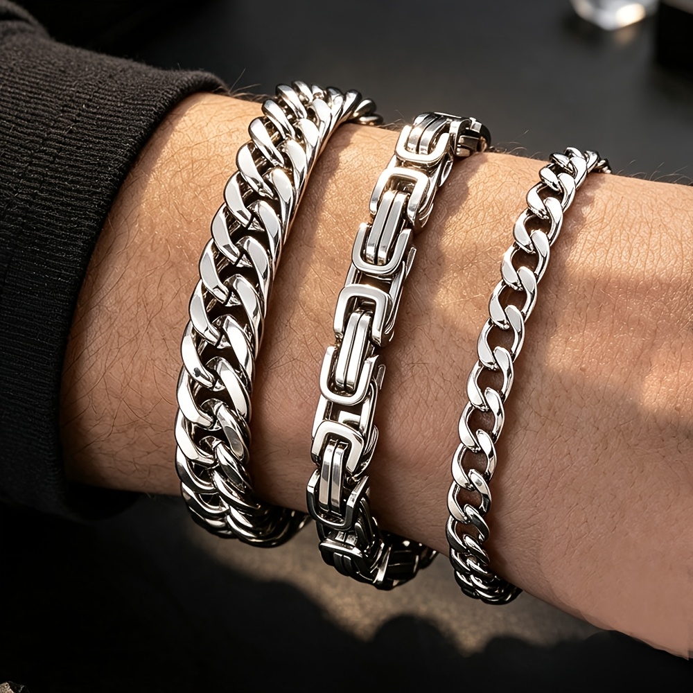 TEMU 3pcs Fashion Stainless Steel Men's Chunky Bracelet Set, Cuban Link Hip-hop Style Jewelry, Punk Rock Party Accessories, Durable Everyday