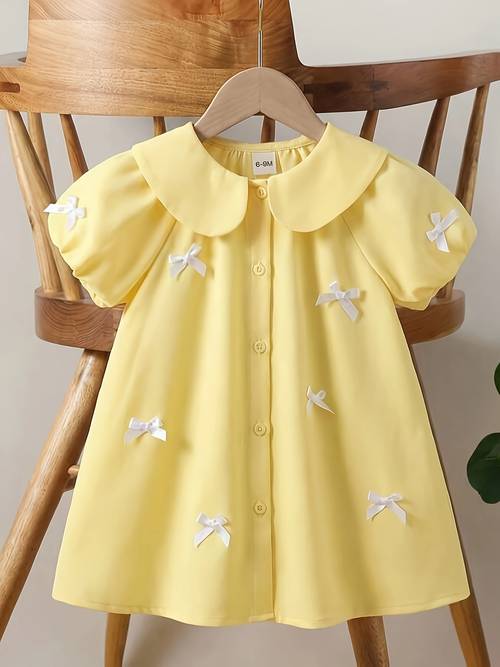 girls cute doll collar dress with 3d bow and button decorations p102436