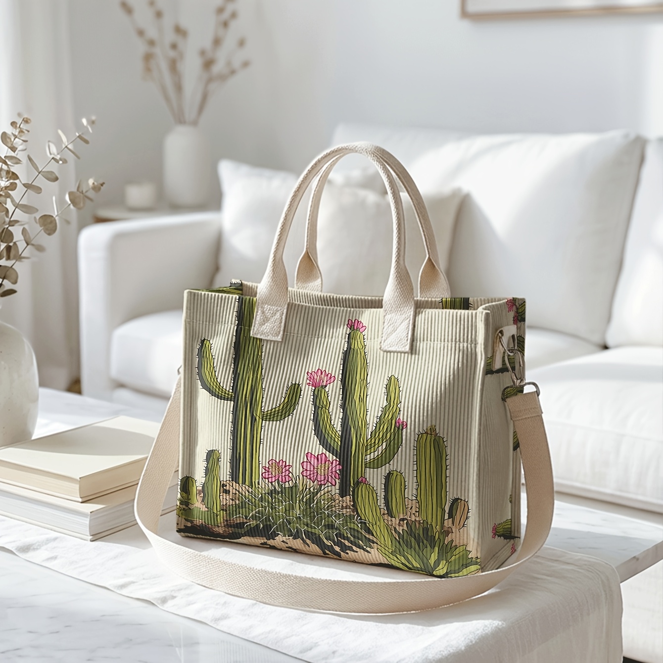 1 pieza, Bolso bandolera para mujer, Estampado floral de cactus 2D, Pana con múltiples bolsillos, Bolso de doble uso de mano/bandolera | Esencial para desplazamientos diarios/salidas de compras/estudiantes/trabajadores/entusiastas del estilo | Tu estilo personal único