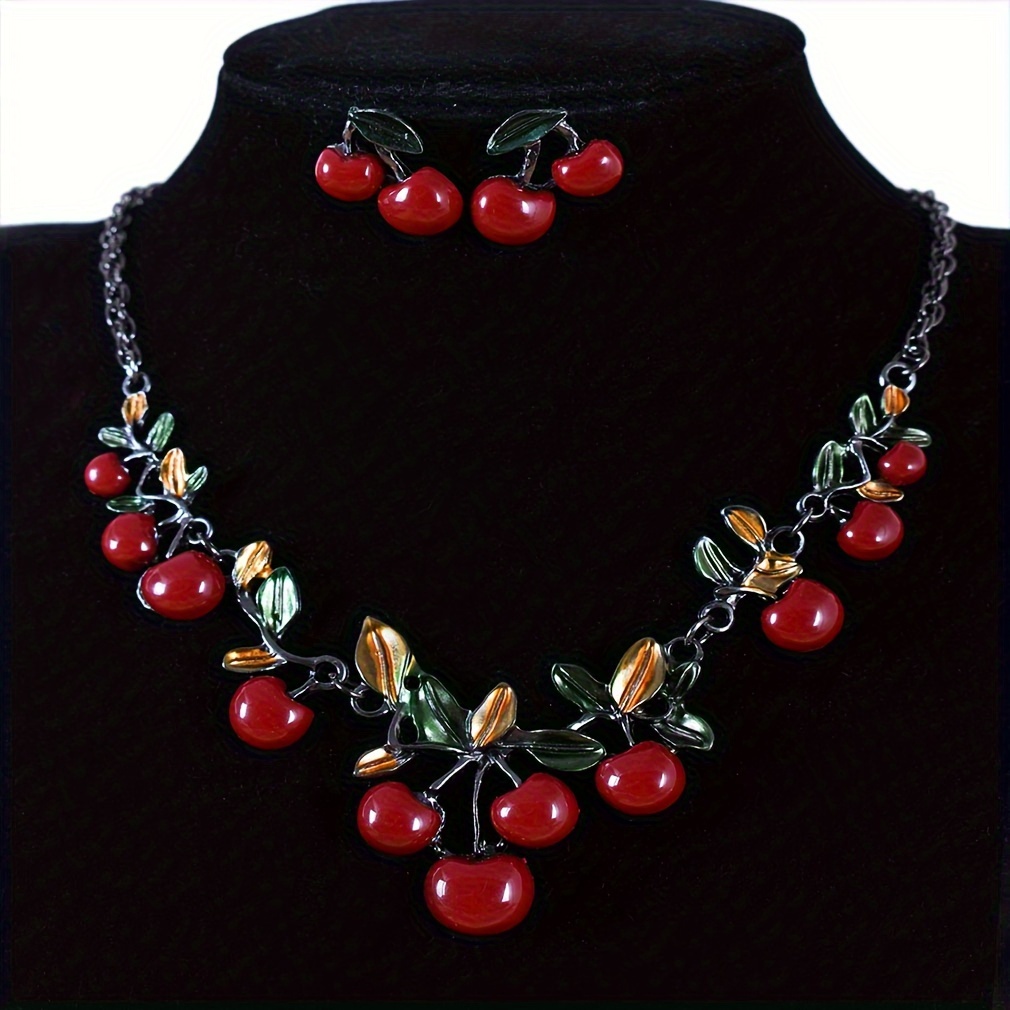 

2pcs/set Women's Cherry Necklace Earrings Set Fashion Jewelry Set