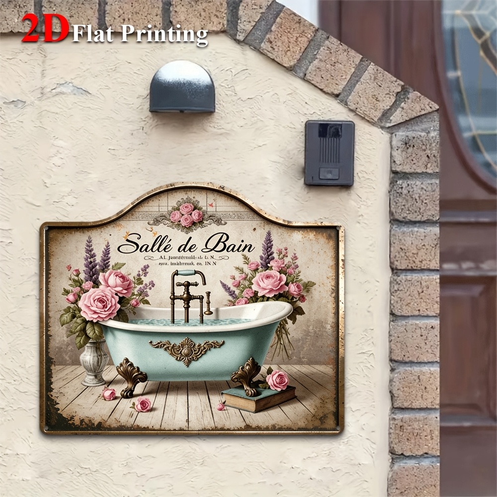 TEMU 2d Flat, 1pc, 2d Flat, Signs Metal Sheet Painting Vintage Metal Art: Pastel Bathtub With Roses, Lavender & Vintage Faucet, Ideal For Bathroom,