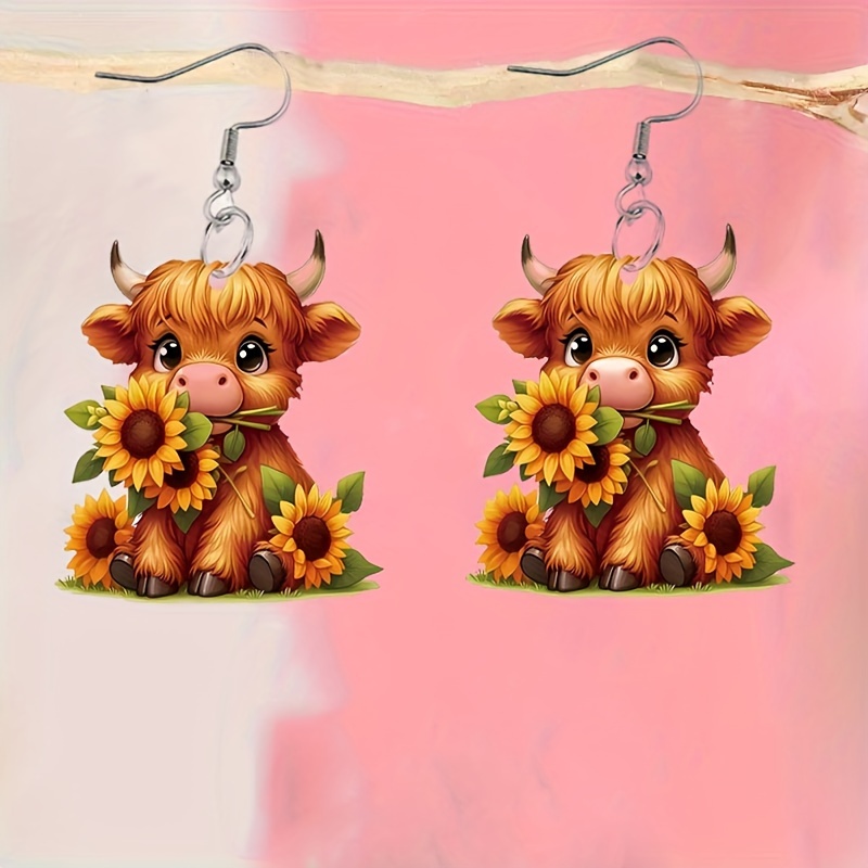 

Cute Cartoon Cow Sunflower Dangle Earrings - Flat Acrylic Jewelry - Party Style - Adorable Earrings - Home Kitchen Party Supplies