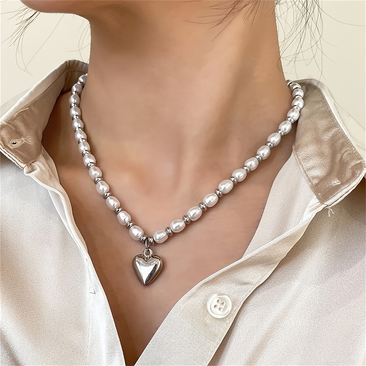 TEMU 1 Elegant Baroque Shaped Beaded Heart Pendant Necklace