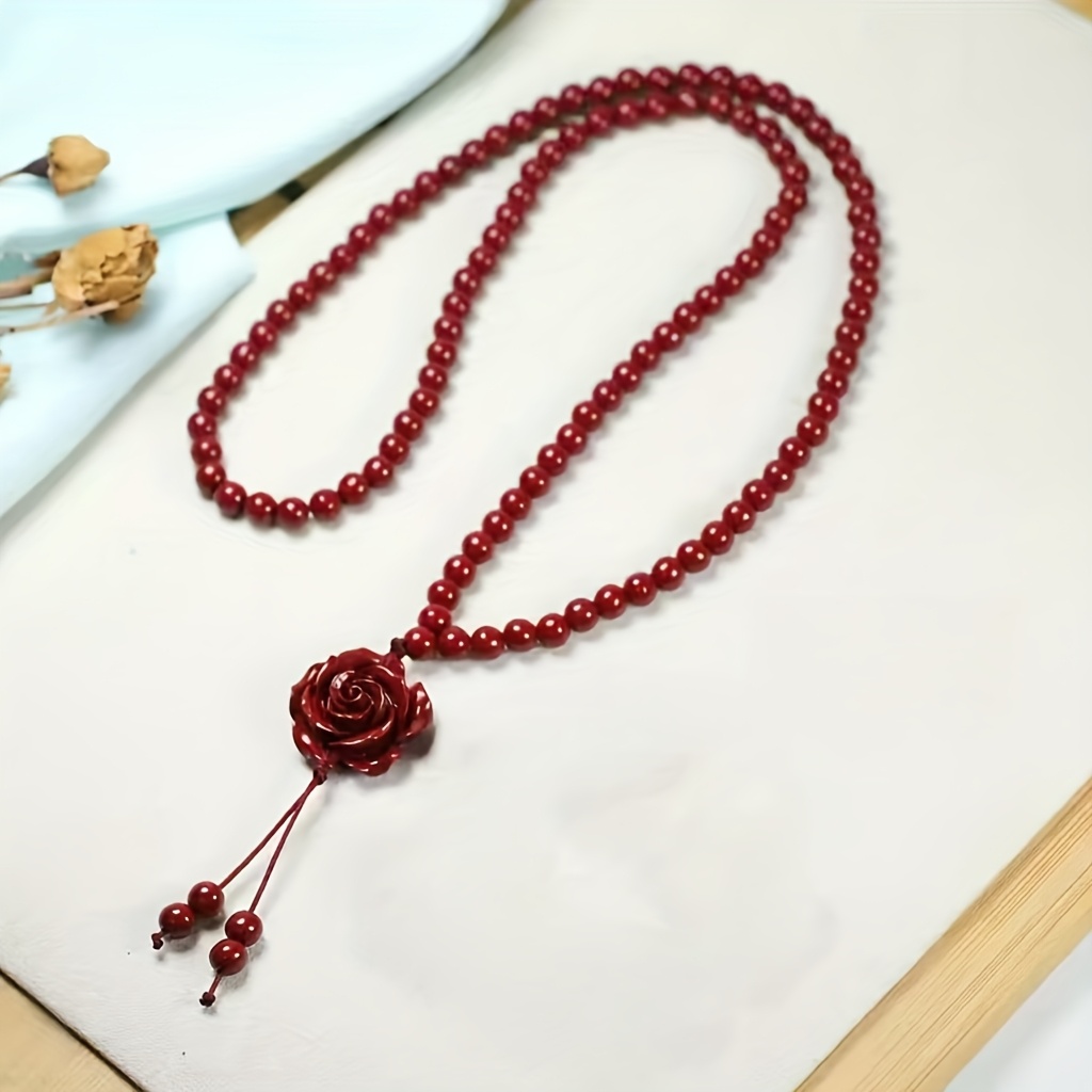 Buddhist Prayer Necklace with Red Cinnabar Stone, Gift