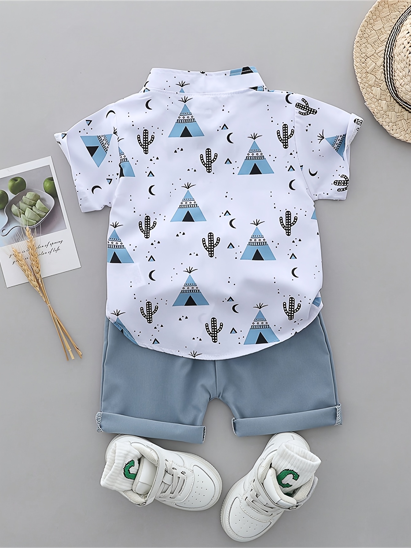 Men'S Infant Summer Graphic Tee and Shorts Set - Casual, Non-Stretch, Short Sleeve Shirt with Pyramid and Cactus Print, Light Blue Shorts, White Sneakers, Casual Summer Outfit for Little Boys, Casual Summer Outfit|Playful Print Design|Comfortable Fit, Baby Clothes, for Outdoor