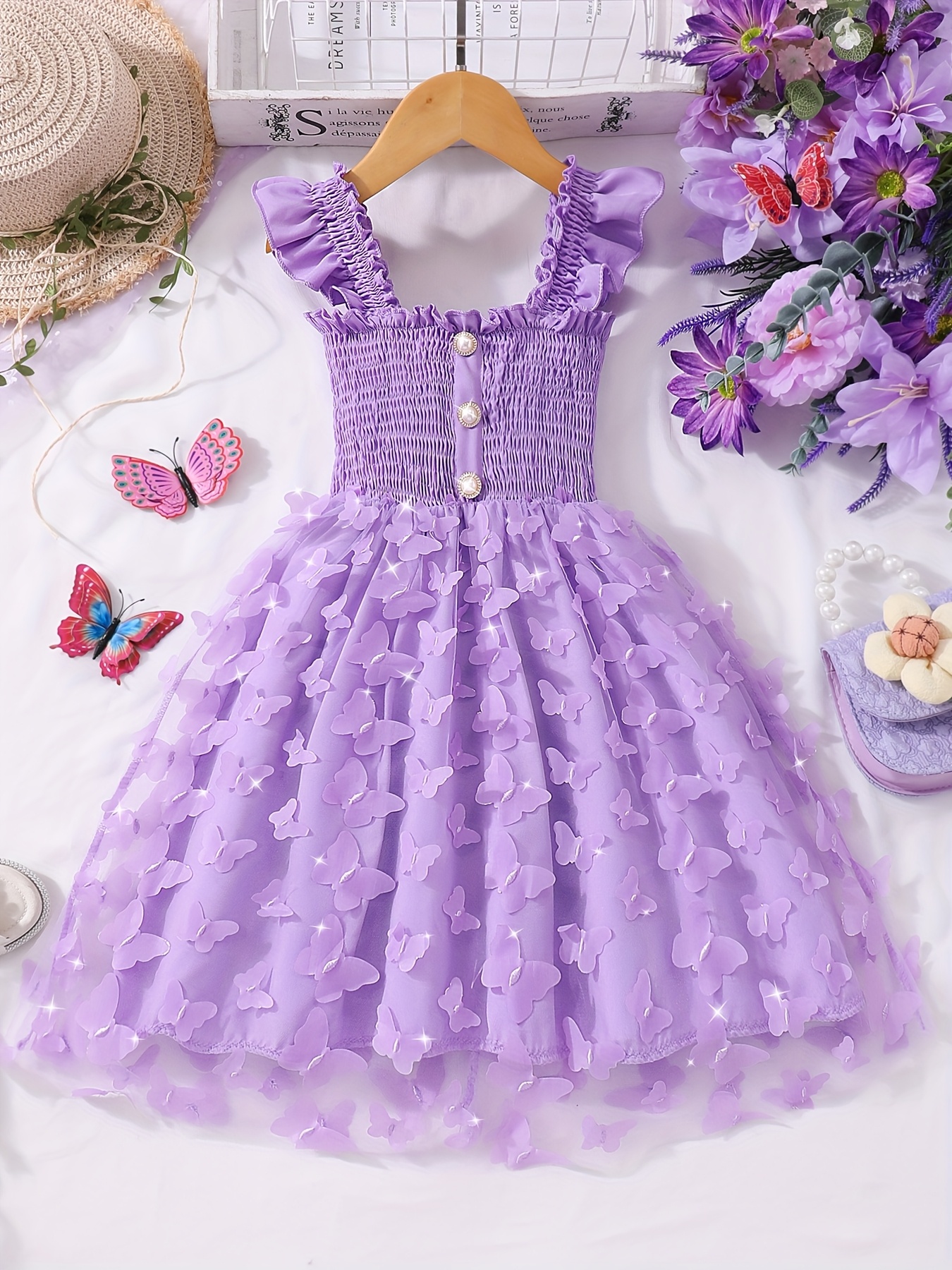 Soft Summer Dress for Girls Ages 4, 5, 6, 7 - * Summer Dress, Party * *  Flutter Sleeve Casual Dress, 3D Mesh Purple * Sleeveless Mesh Dress for  Party * Single-Row Pearl Button Elegant and Cute ...
